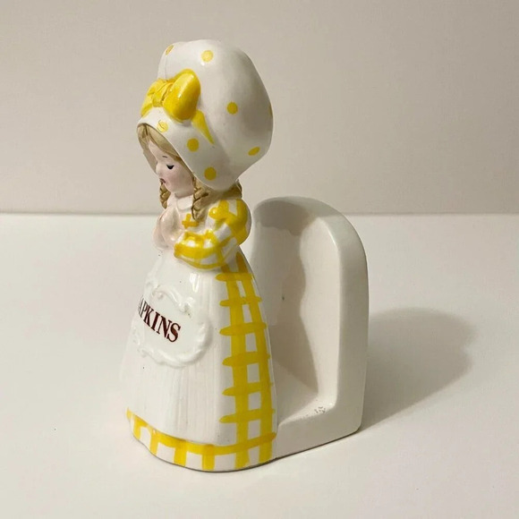 Vintage  Ceramic Napkin Holder Girl Lady Yellow Dress Praying Japan - Picture 2 of 16